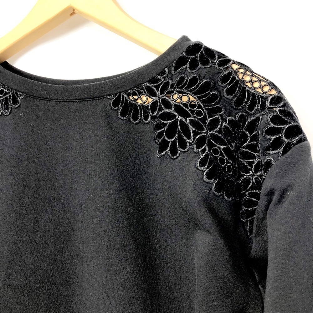 Loft-Black Velvet Accent Shoulders Sweatshirt S - Picture 2 of 7